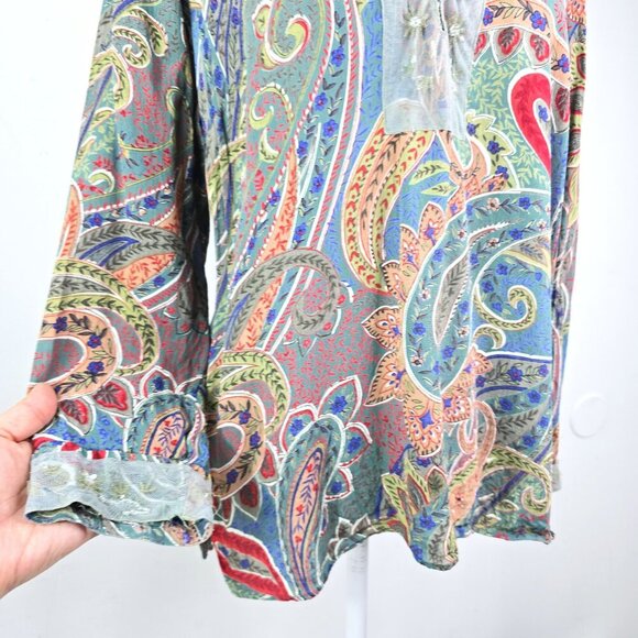 At Last Classics Green Colorful Floral Paisley Beaded Gypsy Boho Peasant Top - Picture 3 of 6